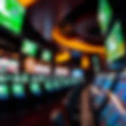 Interior view of the Horseshoe Casino Baltimore sportsbook featuring betting stations and screens
